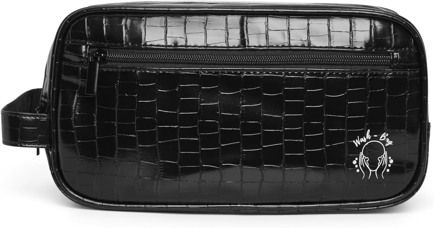 Leather Travel Toiletry Bag for Men & Women – Faux Crocodile Pattern, Waterproof PU Leather Wash Bag with Double Compartment, Compact Travel Cosmetics & Accessories Case (Black)