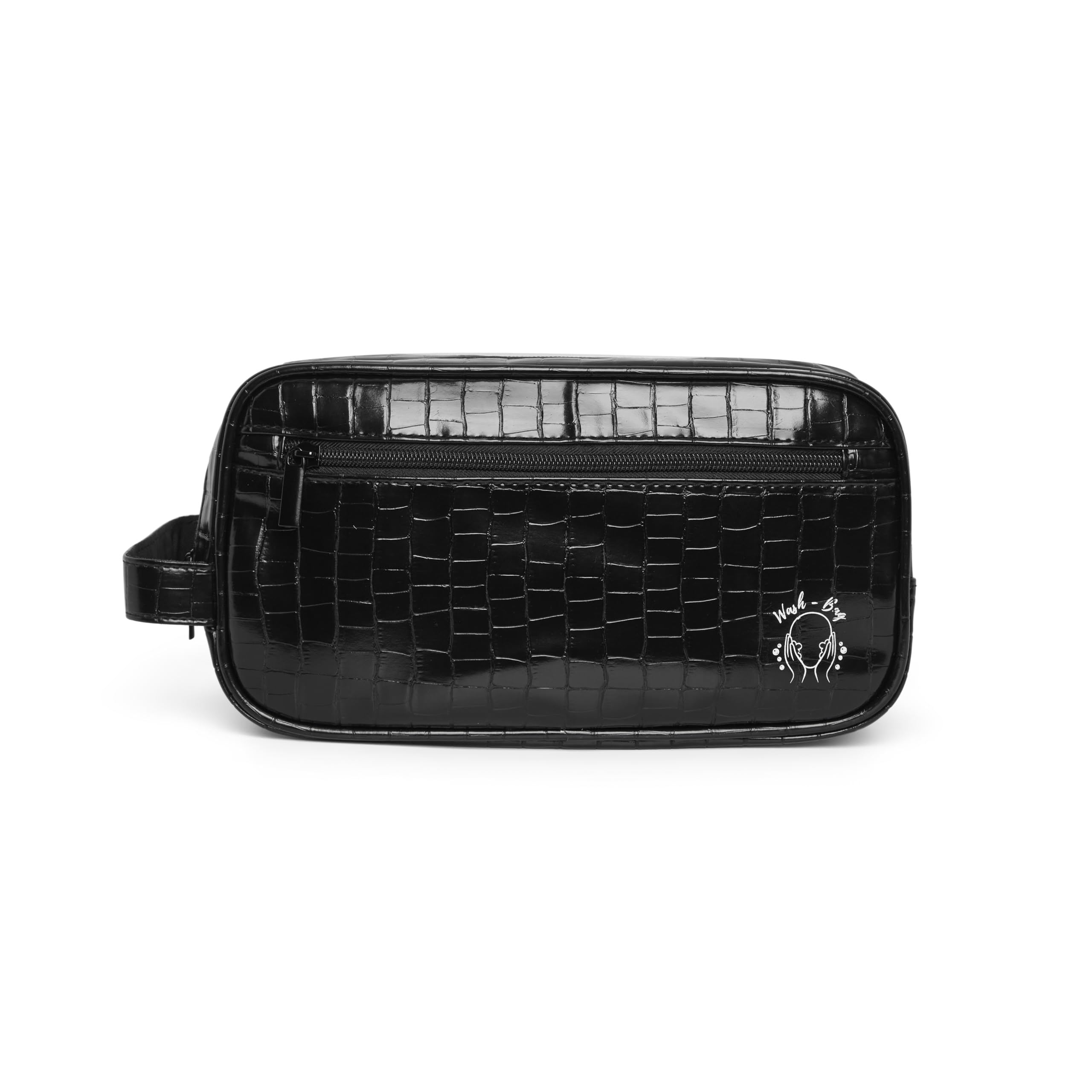 Leather Travel Toiletry Bag for Men & Women – Faux Crocodile Pattern, Waterproof PU Leather Wash Bag with Double Compartment, Compact Travel Cosmetics & Accessories Case (Black)